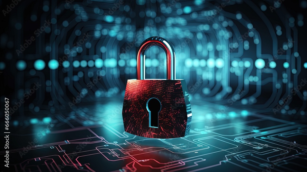 Poster Cyber security concept. Padlock icon on digital technology background. Illustrates cyber data security or information privacy idea in mother server is processing the data. 3d rendering