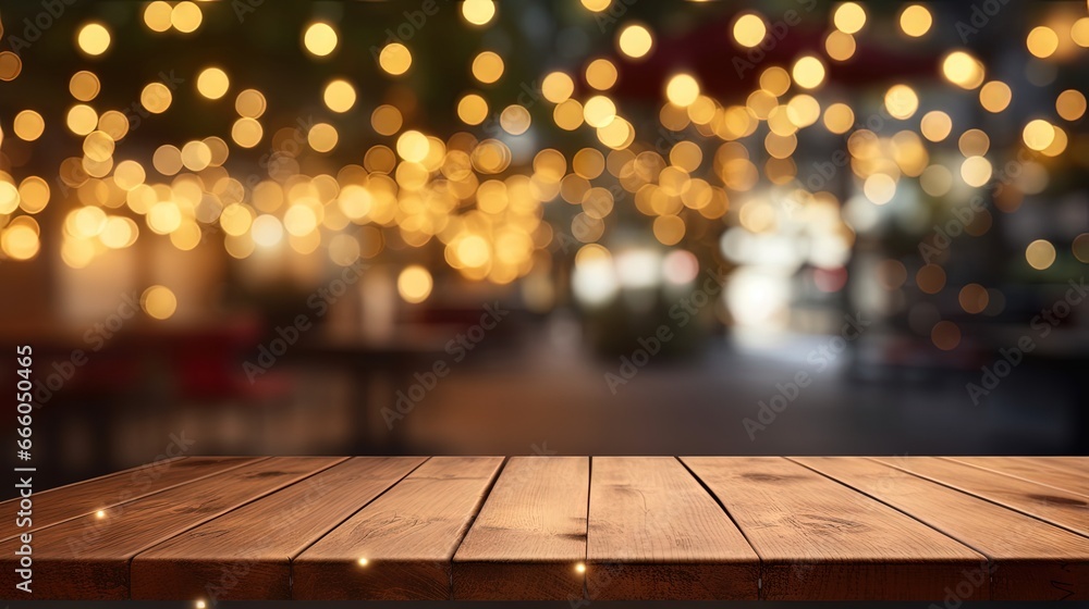Poster empty wooden table top with lights bokeh on blur restaurant background.