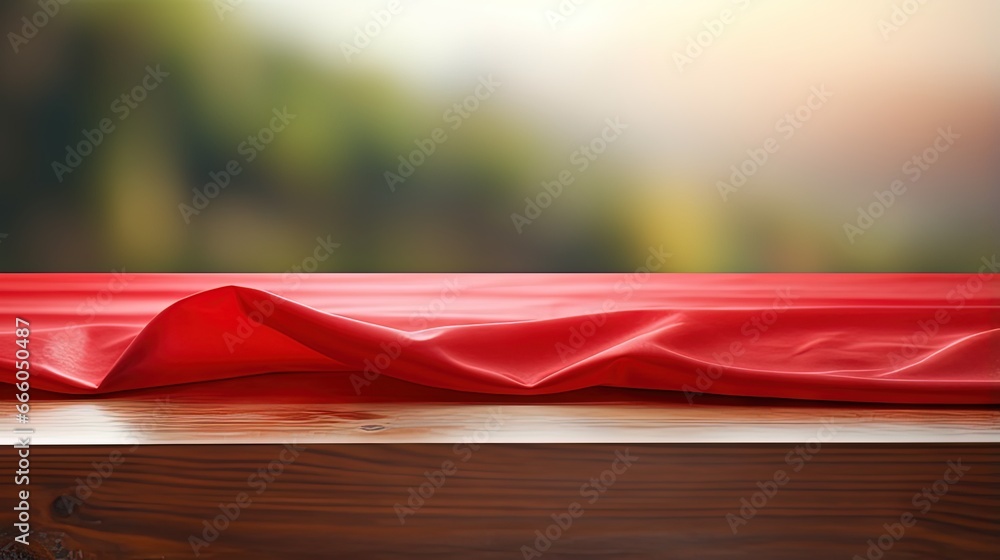 Aufkleber red fabric,cloth on wood table top on blur kitchen counter (room)background.for montage product disp