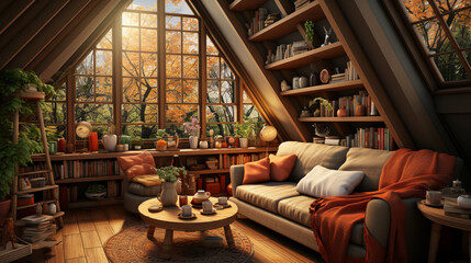 Obraz na płótnie Canvas Cozy living room interior inspired by autumn colors. Generative Ai