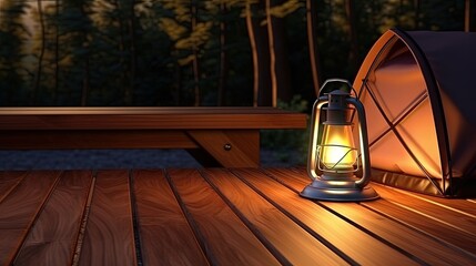 Wooden table with lantern outside tent on camping site,holiday vacation concept.minimal style.3d rendering. - obrazy, fototapety, plakaty