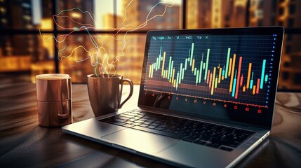 Close up of laptop on desktop with coffee cup and creative forex chart, candlestick graph, index and tech hologram on blurry background. Trade, stock, and finance concept. Double exposure - obrazy, fototapety, plakaty
