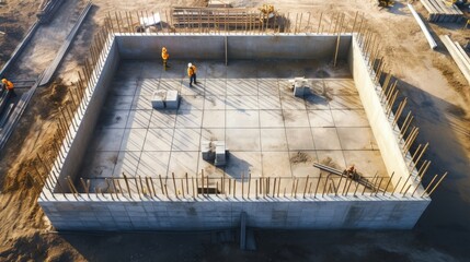 Monolithic reinforced concrete foundations or grillages for the construction of a large modern residential building. Rostverk at the construction site. Foundation for the building. View from above - obrazy, fototapety, plakaty
