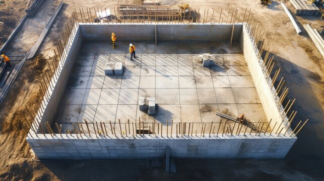 Monolithic reinforced concrete foundations or grillages for the construction of a large modern residential building. Rostverk at the construction site. Foundation for the building. View from above