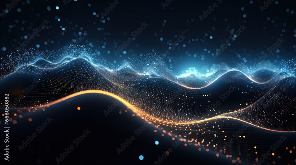 Leinwandbilder abstract wave with moving dots. flow of particles. cyber technology illustration. 3d rendering