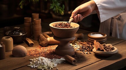 Traditional chinese medicine with herb and spices in brown wooden background doctor using mortar and pestle for advertising , traditional content - obrazy, fototapety, plakaty