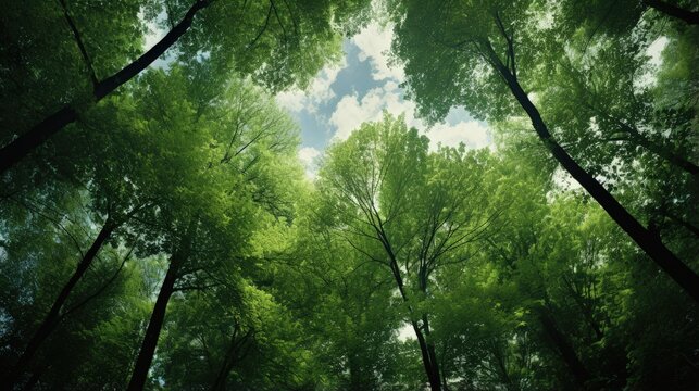 Forest, lush foliage, tall trees at spring or early summer - photographed from below