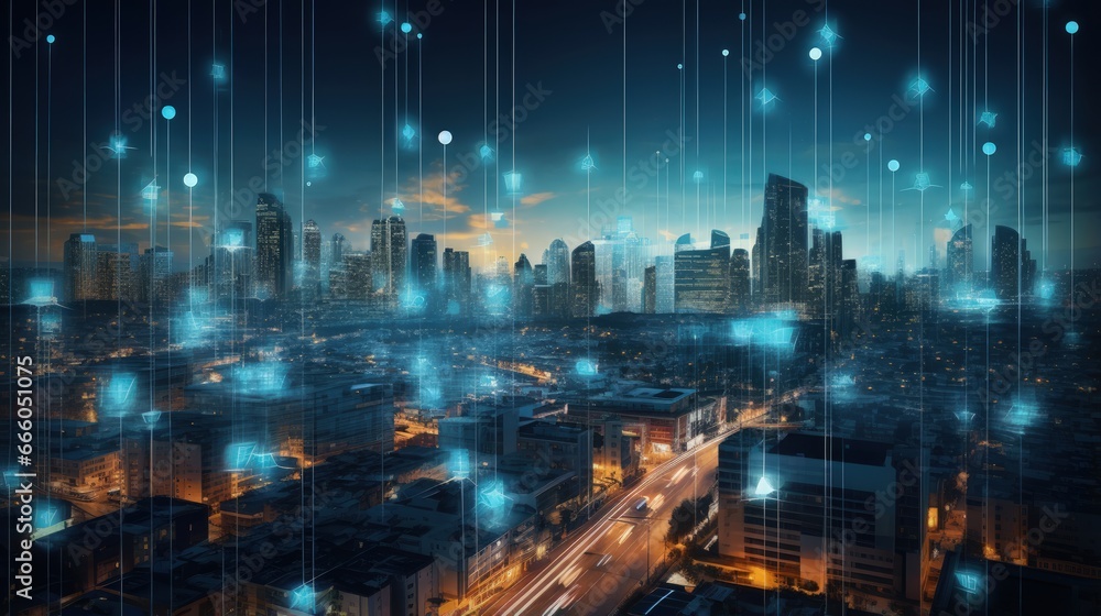 Poster 3D Big data in modern city. Abstract social information sorting visualization. Human connections or urban financial structure analysis. Complex geospatial data. Visual information complexity.