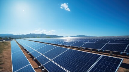 Photovoltaic modules of huge solar panels with clear blue sky and sun on background