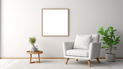Fototapeta na wymiar Minimalist composition of elegant living room space with white boucle armchair, photos mock up frames, carpet, coffee table, lamp, decoration and personal accessories. Copy space. Template.