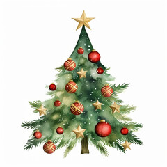 Christmas tree with red balls and golden star decor watercolor paint for greeting card, generated AI