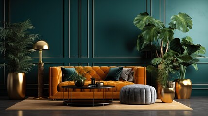 Luxury interior with stylish velvet sofa, wooden commode, pouf, plants, carpet, gold decoration, copy space and elegant personal accessories. Modern living room in classic house. Template.