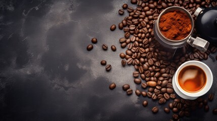 Ingredients for making moka coffee. Moka pot with coffee beans and ingredients on grey background....