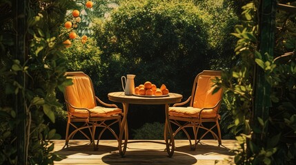 Wooden chairs at Dining table covered with orange tablecloth standing on wooden terrace in green garden