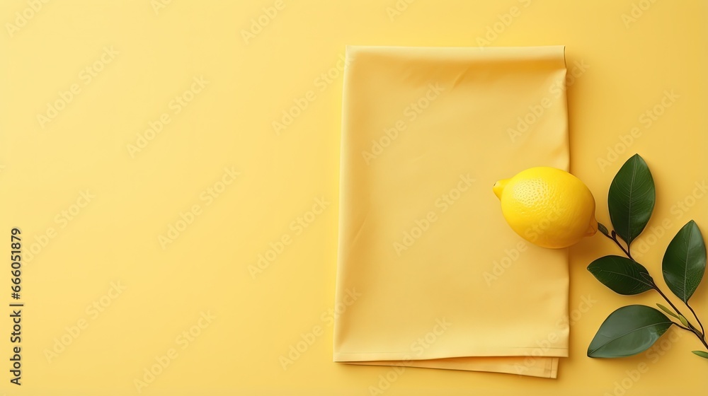 Aufkleber top view with yellow empty kitchen napkin isolated on table background. folded cloth for mockup with