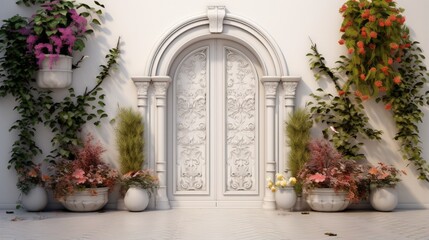 Fototapeta na wymiar White plastic entrance door and facade decorations with plants