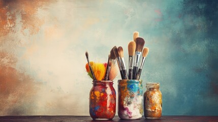 Vintage artists brushes and paint tubes on an abstract artistic background - obrazy, fototapety, plakaty
