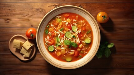 Minestrone, italian vegetable soup with pasta on wooden table. Top view - obrazy, fototapety, plakaty