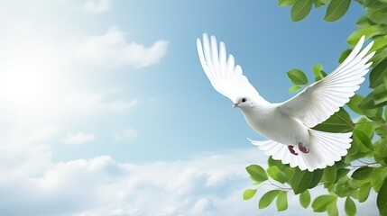 Fototapeta premium A free white dove holding green leaf branch flying in the sky. International Day of Peace concept background