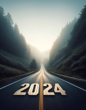 new year 2024, a picture of a highway in the middle of nature, copy space background ,generative ai art