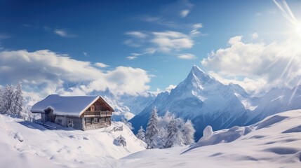 Winter panorama with ski hut in the snow - obrazy, fototapety, plakaty