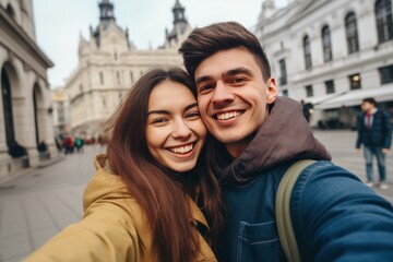 Young happy couple taking selfie in blurred city. Fashion lifestyle travel people. Generate Ai