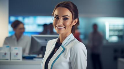 portrait of a female sales woman smiling in a pharmacy