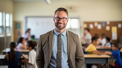 Fototapeta premium Portrait of a mid adult male teacher in a classroom