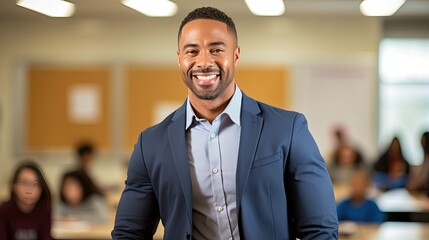 Fototapeta premium Portrait of a mid adult African American male teacher in a classroom