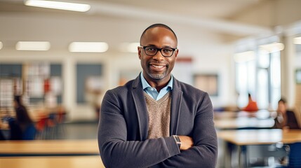 Fototapeta premium Portrait of a mid adult African American male teacher in a classroom