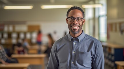 Portrait of a mid adult African American male teacher in a classroom - Powered by Adobe