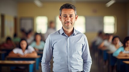 Fototapeta premium Portrait of a mid adult Mexican male teacher in a classroom