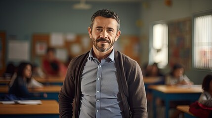 Fototapeta premium Portrait of a mid adult Mexican male teacher in a classroom