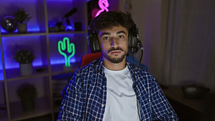 Focused in-game, young arab man, a serious-faced streamer, wearing headphones in a dim gaming room,...