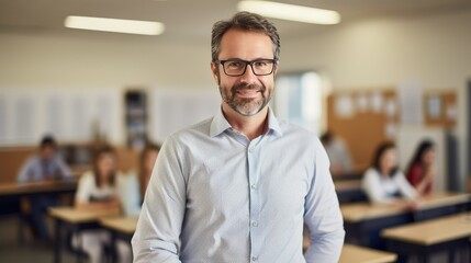 Fototapeta premium Portrait of a mid adult male teacher in a classroom