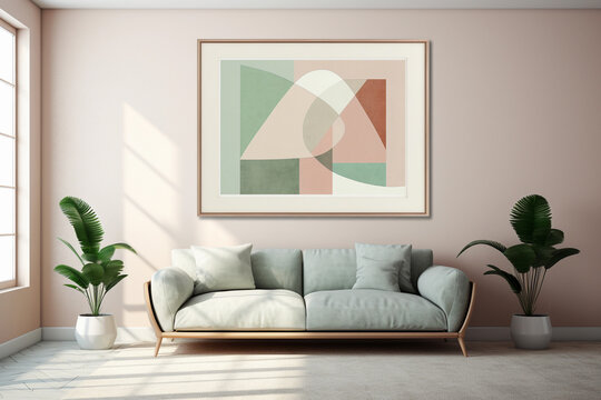 Modern mid century living room interior sage green wall art in textured abstract style. Cozy furniture. Pastel green color sofa with pillows.