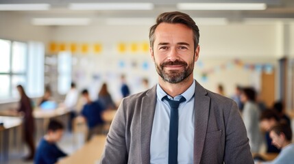 Fototapeta premium Portrait of a mid adult male teacher in a classroom