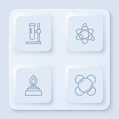 Set line Test tube flask on stand, Atom, Alcohol or spirit burner and Molecule. White square button. Vector