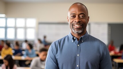 Fototapeta premium Portrait of a mid adult African American male teacher in a classroom