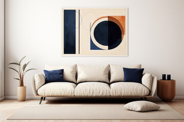 Modern mid century living room interior with black and beige wall art in abstract style. Cozy furniture. White color sofa and black pillows.