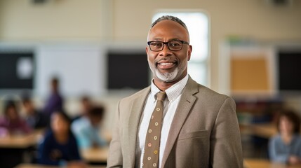 Fototapeta premium Portrait of a senior African American male teacher in a classroom