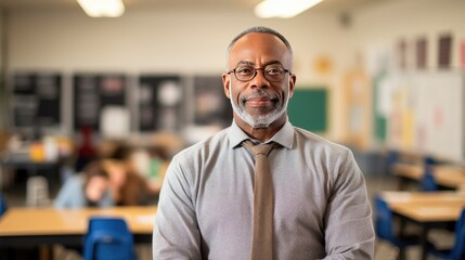 Fototapeta na wymiar Portrait of a senior African American male teacher in a classroom