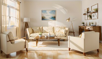 37. Modern furniture and framing. A sunlit window, sofa and ivory-colored room.