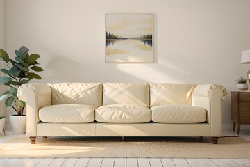 36. Modern furniture and framing. A sunlit window, sofa and ivory-colored room.