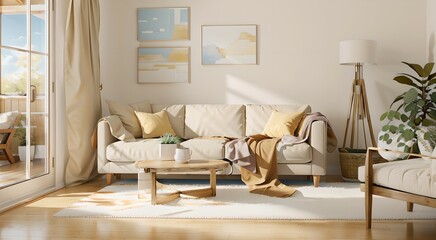 Fototapeta na wymiar 33. Modern furniture and framing. A sunlit window, sofa and ivory-colored room.