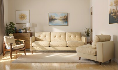 31. Modern furniture and framing. A sunlit window, sofa and ivory-colored room.