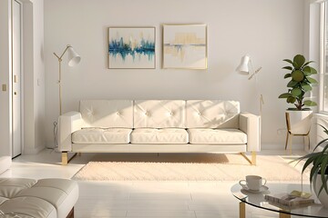29. Modern furniture and framing. A sunlit window, sofa and ivory-colored room.