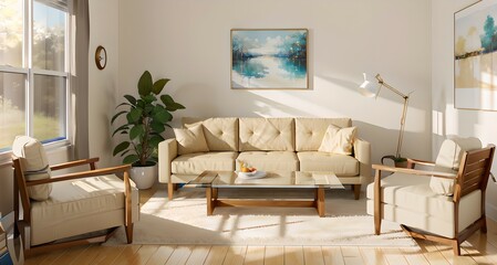 27. Modern furniture and framing. A sunlit window, sofa and ivory-colored room.