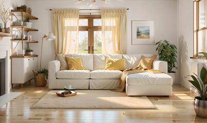 26. Modern furniture and framing. A sunlit window, sofa and ivory-colored room.