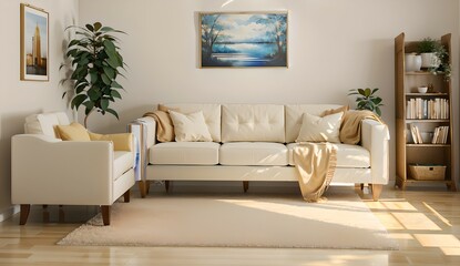 25. Modern furniture and framing. A sunlit window, sofa and ivory-colored room.